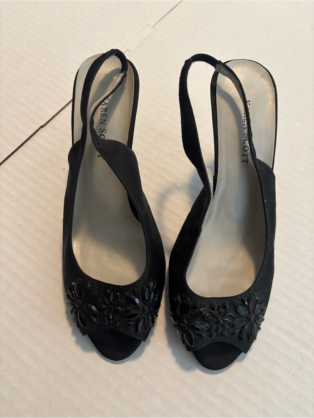 Karen Scott Black Beaded Slingback Peep-Toe Heels